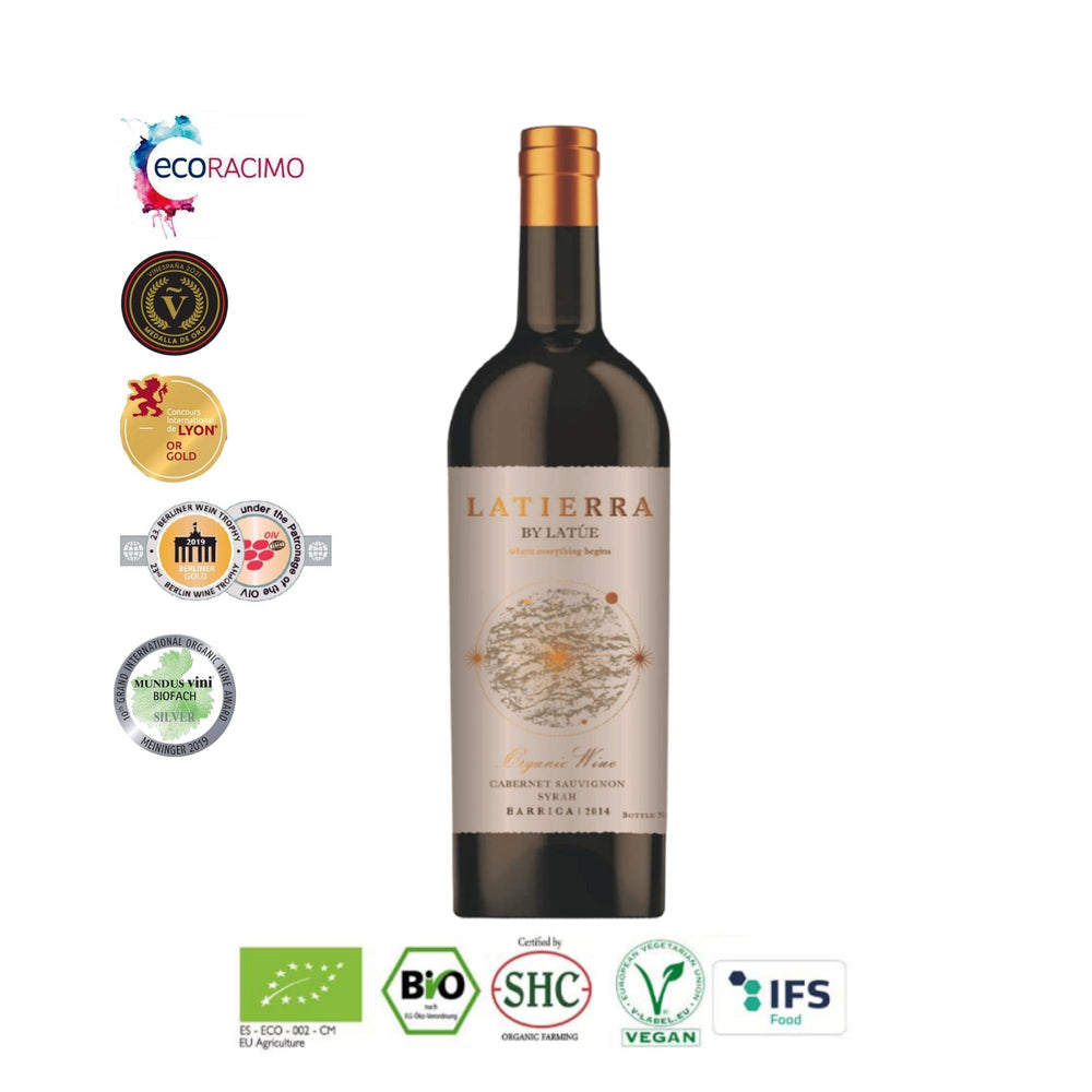 Vino tinto envejecido en barrica de roble vegano ecológico - Bodegas Latúe- Latierra - The Spanish Food Company